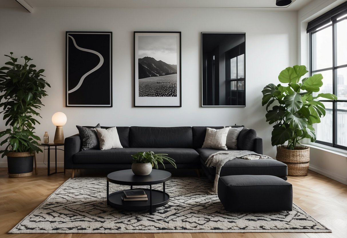 A cozy living room with a modern sectional sofa, geometric patterned rug, and a gallery wall of black and white artwork. A hanging plant and sleek floor lamp add a touch of greenery and warmth to the space