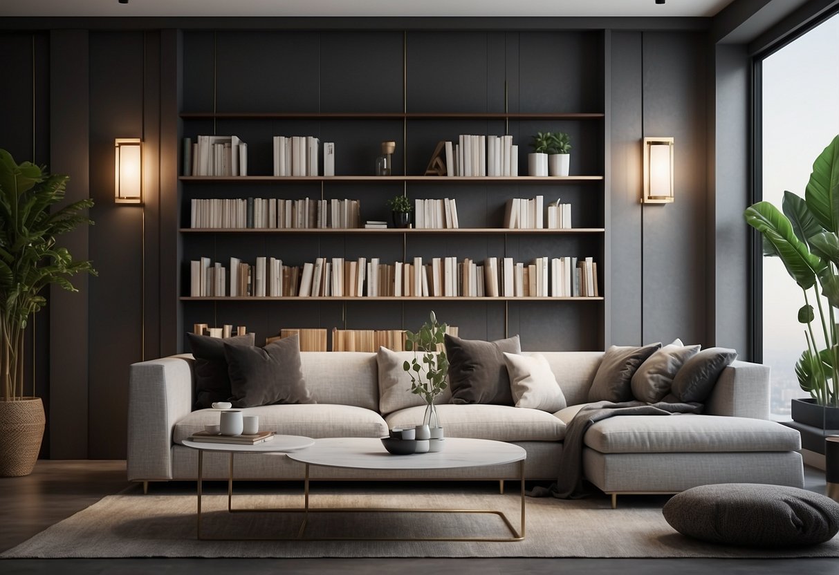 A modern living room with geometric wall shelves displaying books and decor. Clean lines and minimalist design create a contemporary urban feel