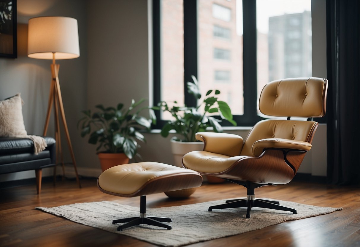 A sleek mid-century modern lounge chair sits in a minimalist urban living room, with clean lines and a neutral color palette