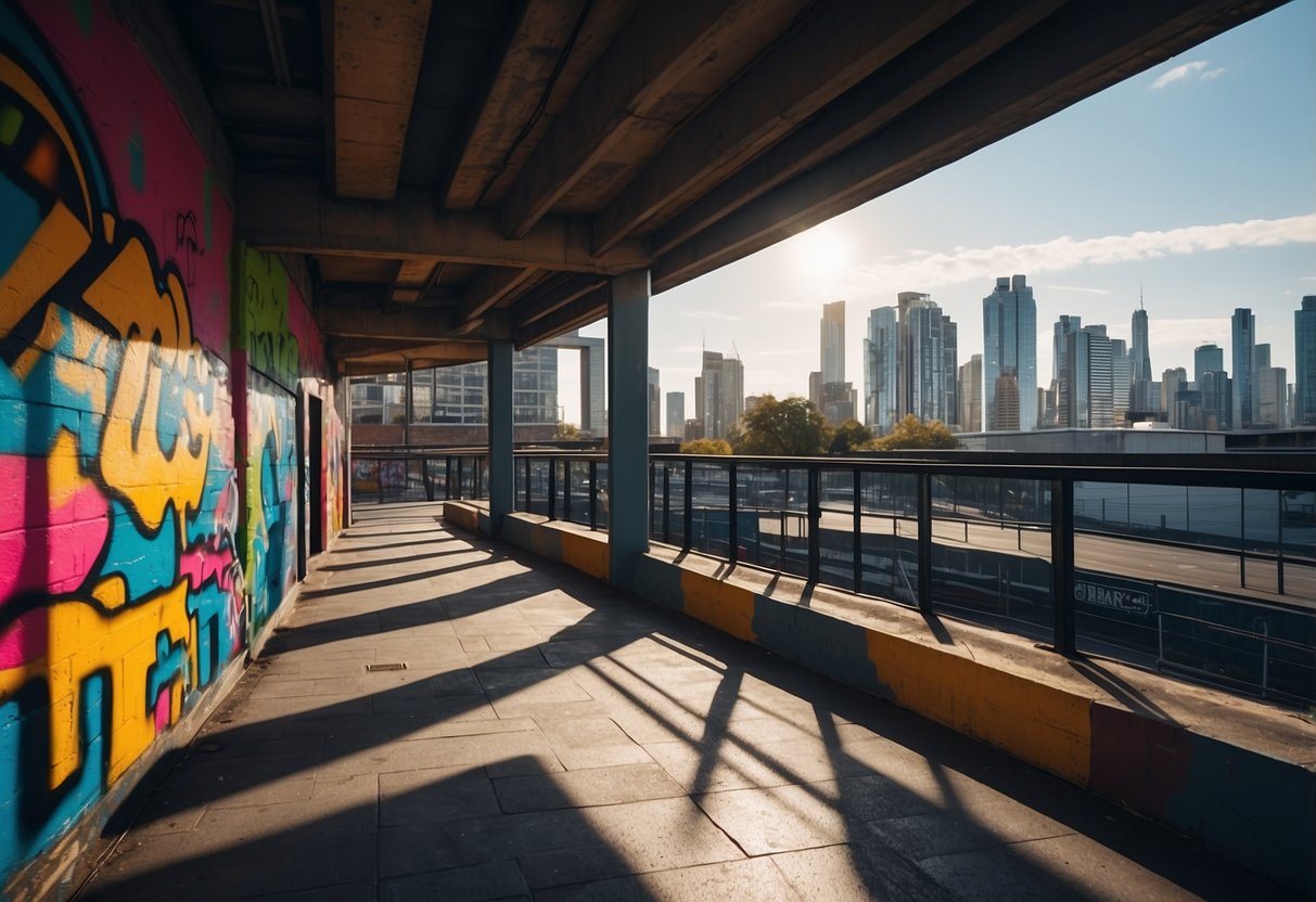 A bustling cityscape with modern architecture, vibrant street art, and colorful graffiti adorning the walls, capturing the essence of urban living