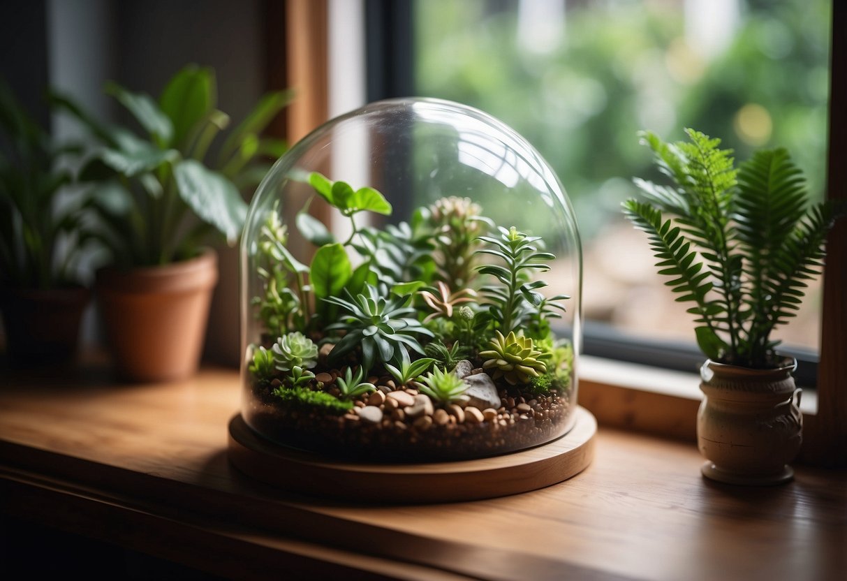 A glass terrarium sits on a wooden shelf, filled with lush green plants and surrounded by small decorative objects. The terrarium is placed near a window, allowing the sunlight to filter through and illuminate the plants