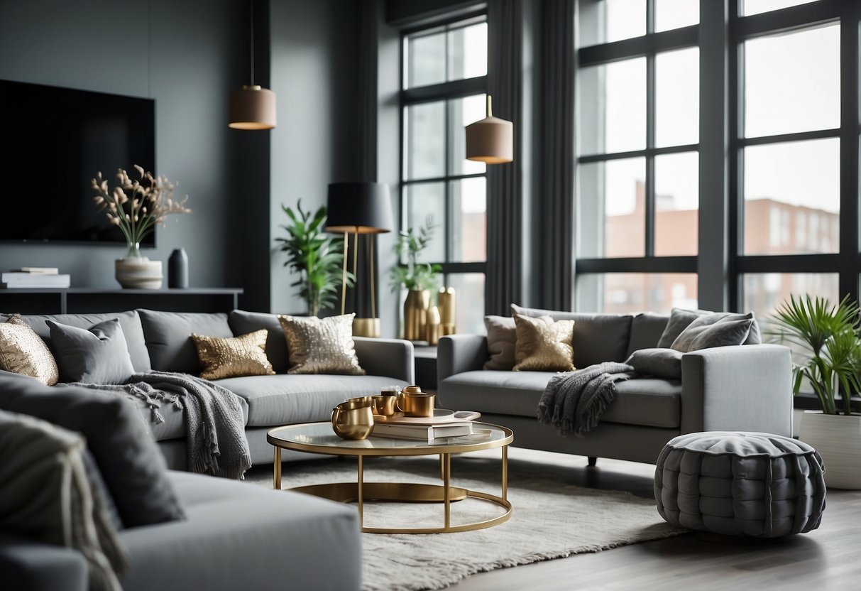 A modern living room with metallic accent pillows on a sleek gray sofa, surrounded by contemporary decor and clean lines