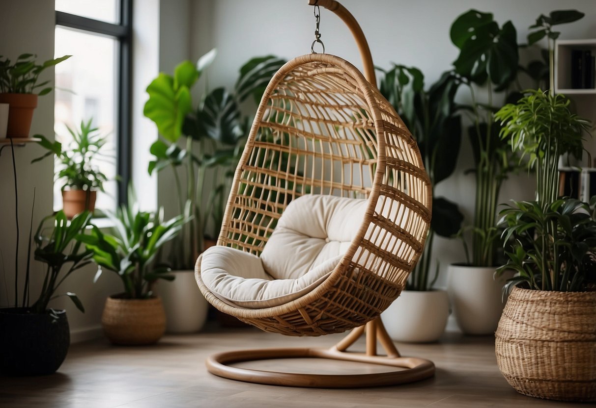 A rattan hanging chair suspended from a ceiling in a modern urban living room, surrounded by plants and cozy textiles