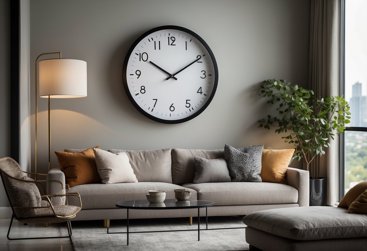 A sleek wall clock hangs in a modern living room, surrounded by clean lines and minimalist decor. The clock's simple design and neutral colors complement the urban aesthetic of the space