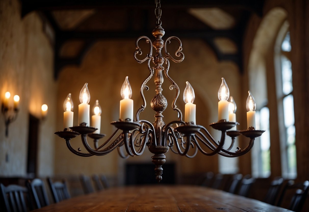 A wrought iron chandelier hangs from a high ceiling, casting intricate shadows on the walls. A set of ornate candle holders sits on a rustic wooden table