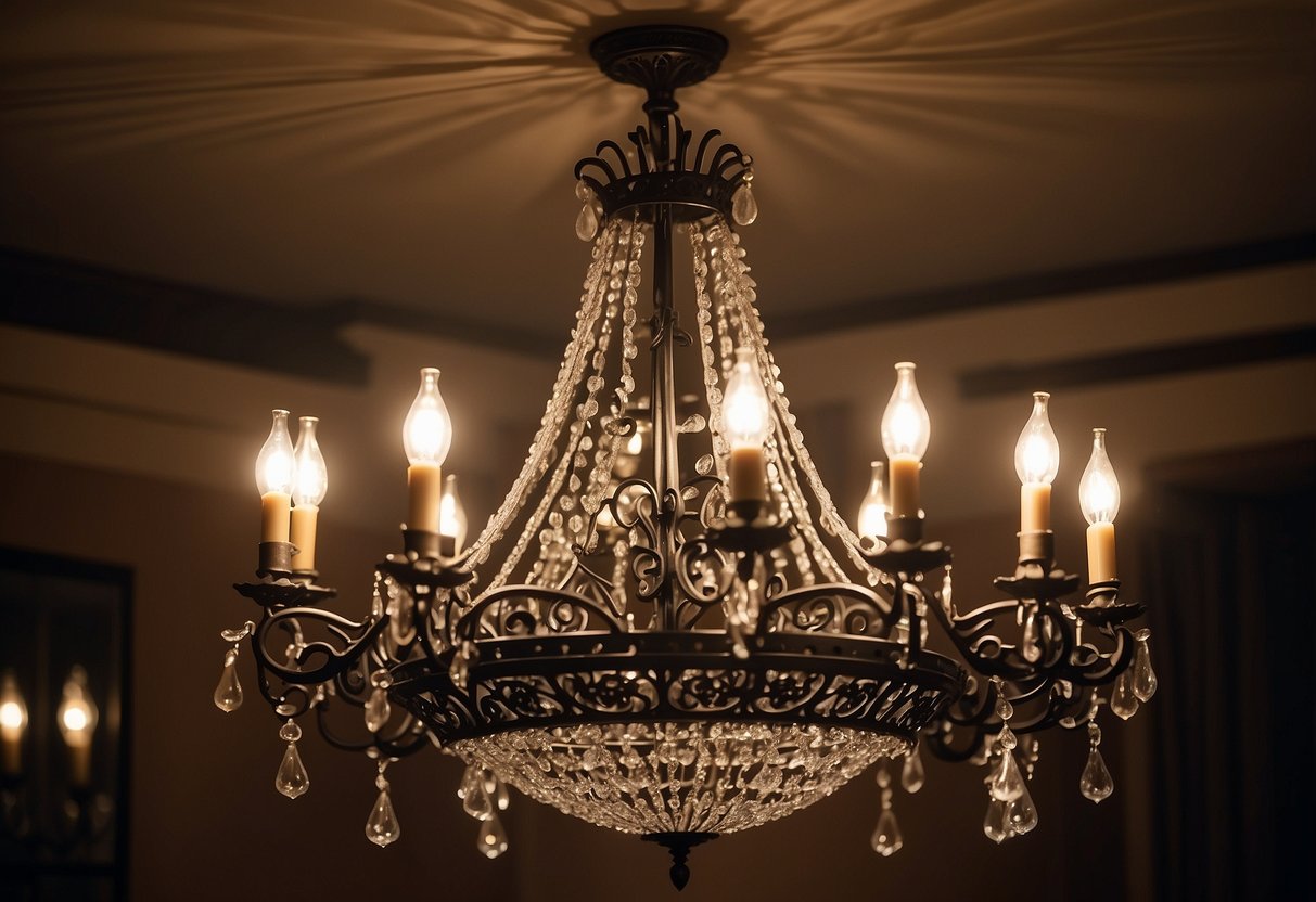 A grand wrought iron chandelier hangs from the ceiling, casting intricate shadows in a dimly lit room. The ornate design adds a touch of elegance to the space