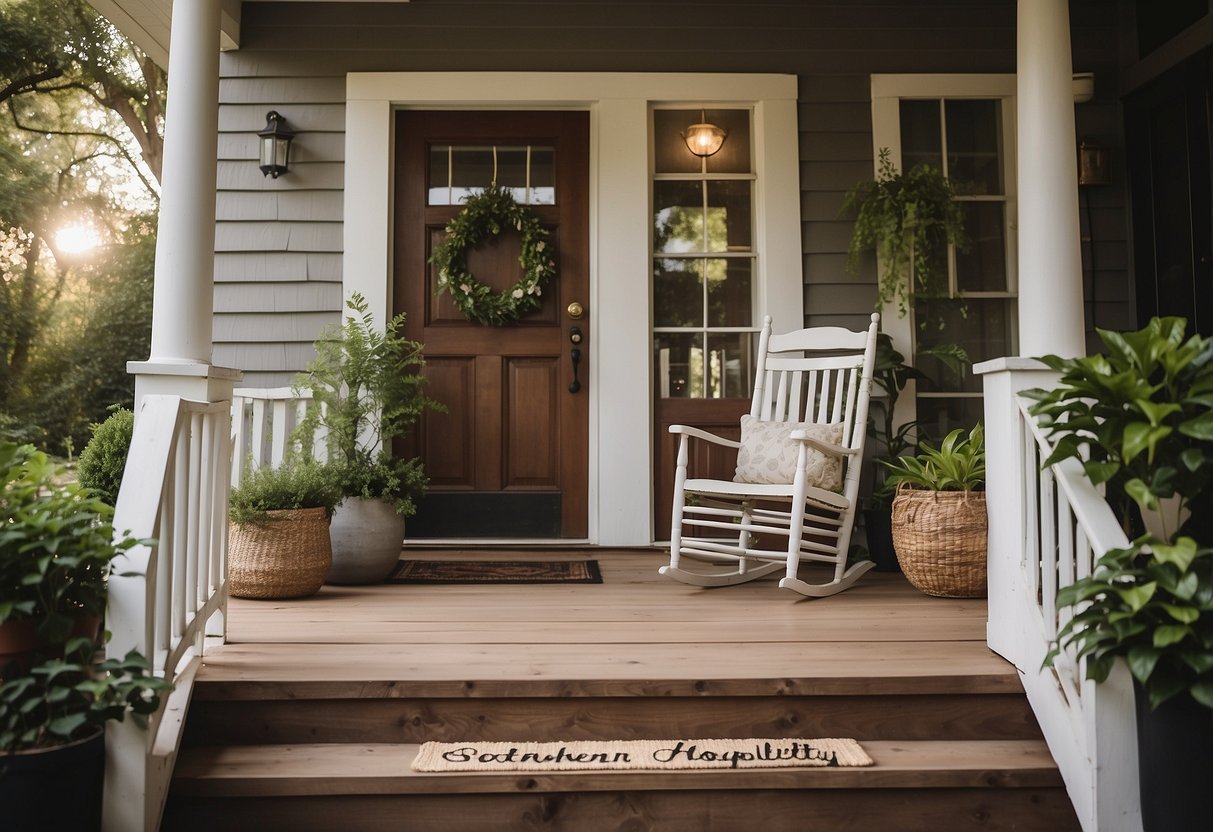 A front porch adorned with hanging plants, rocking chairs, and a welcoming doormat. A wooden sign with a quote about southern hospitality hangs on the wall