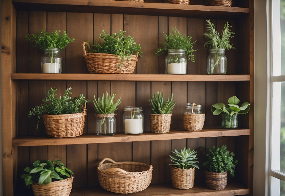 Rustic wooden shelves holding mason jars, woven baskets, and vintage books. A hanging plant adds a touch of greenery to the cozy southern home decor