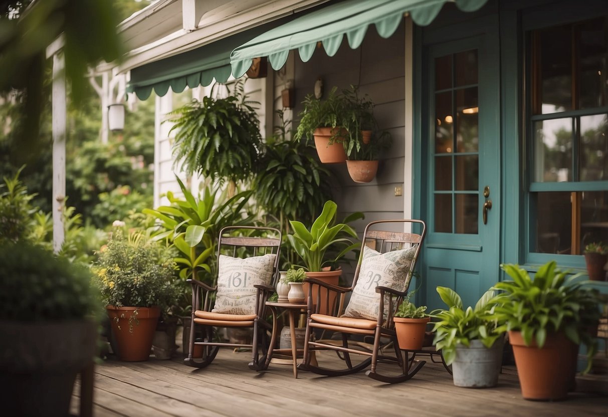 A cozy porch with antique tin signs, rocking chairs, and potted plants, surrounded by lush greenery and a warm, welcoming atmosphere