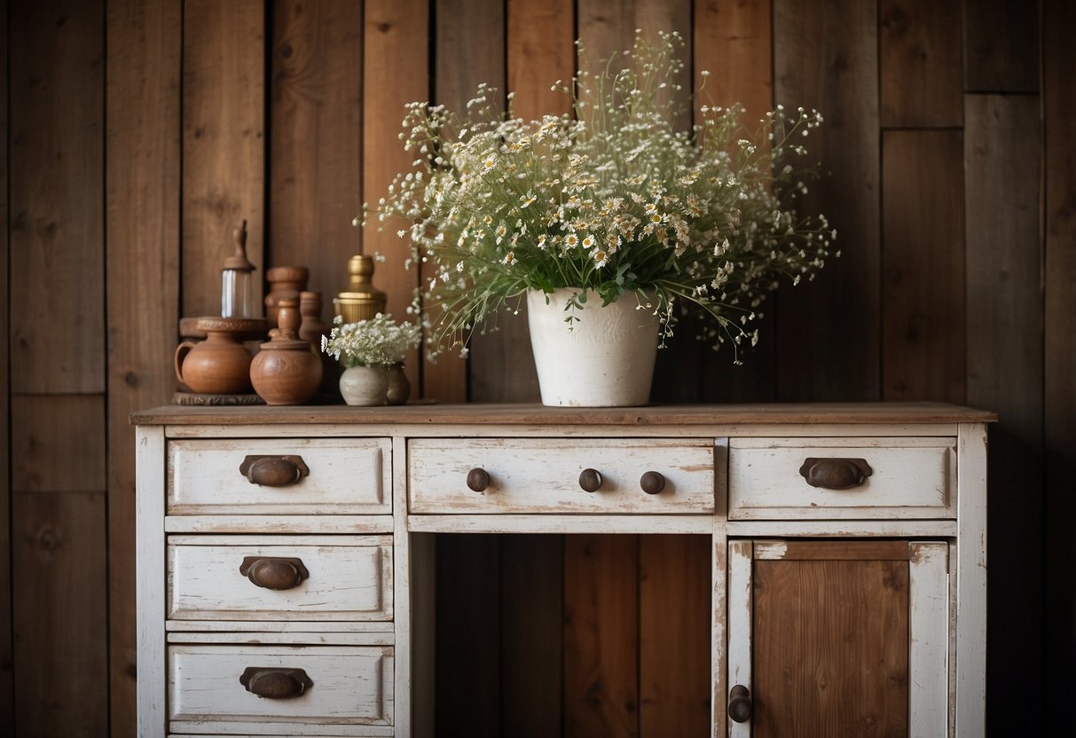 A distressed white dresser sits against a rustic wooden wall, adorned with vintage knick-knacks and a bouquet of wildflowers