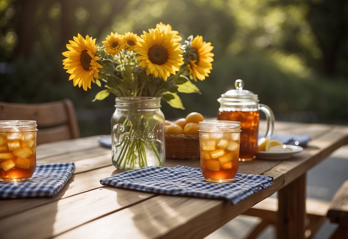 A table set with gingham tablecloths, mason jar centerpieces, and a pitcher of sweet tea on a sunny porch