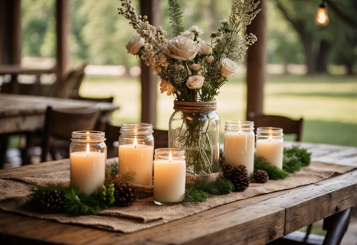 A rustic wooden table adorned with burlap table runners, set against a backdrop of southern home decor elements like mason jar centerpieces and vintage floral arrangements