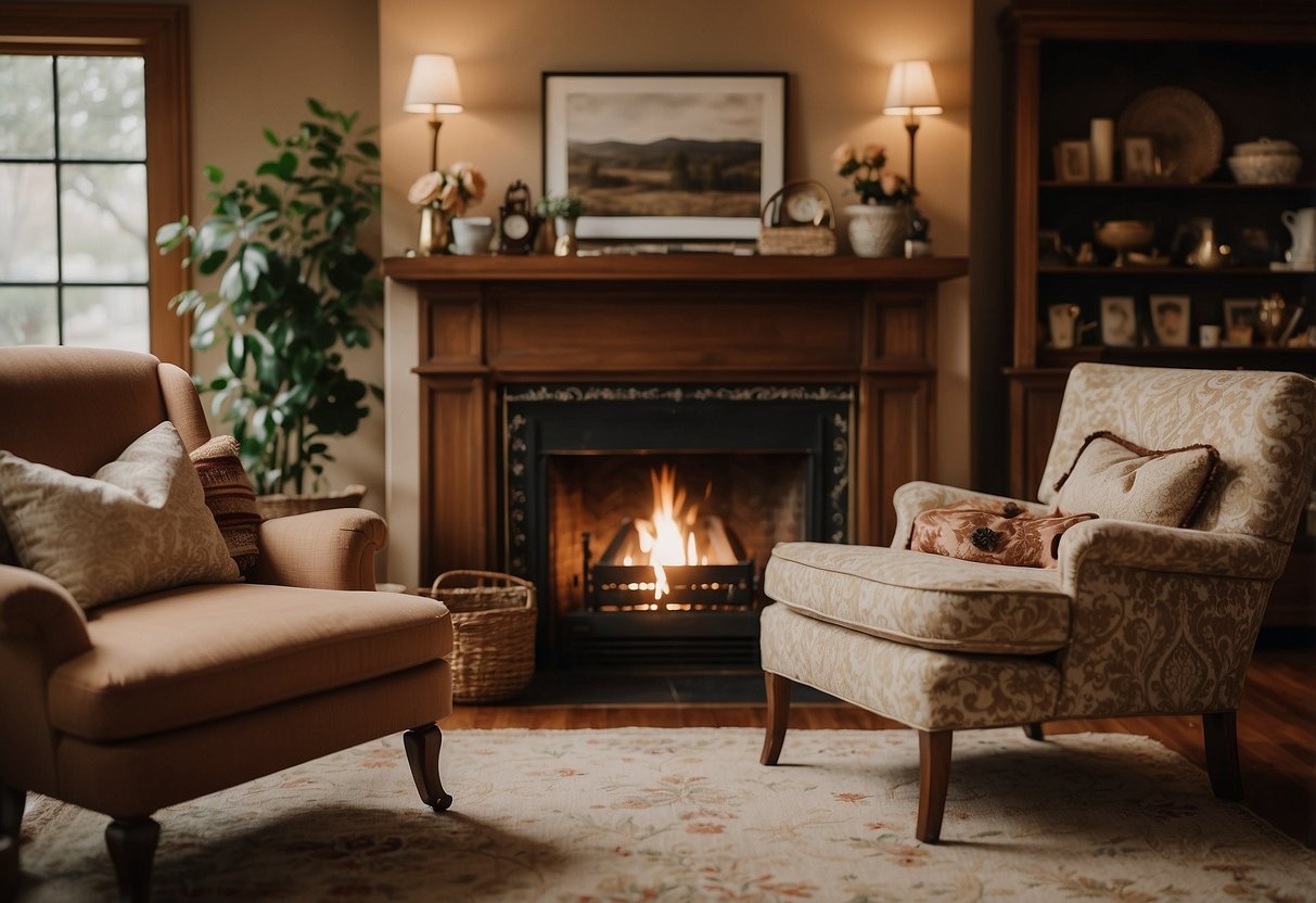 A cozy living room with vintage furniture, floral patterns, and warm earthy tones. A fireplace is the focal point, adorned with antique trinkets and family heirlooms