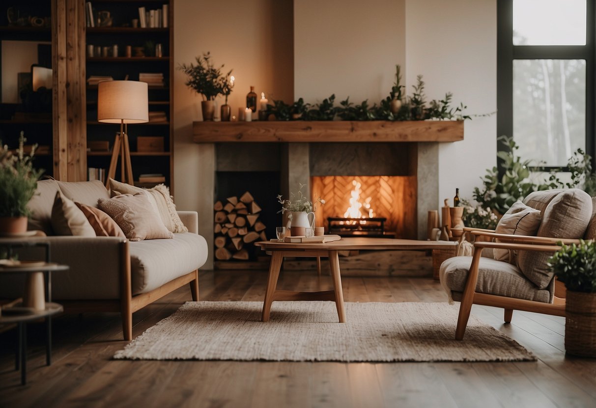 A cozy living room with a rustic fireplace, vintage wooden furniture, floral patterns, and warm earthy tones