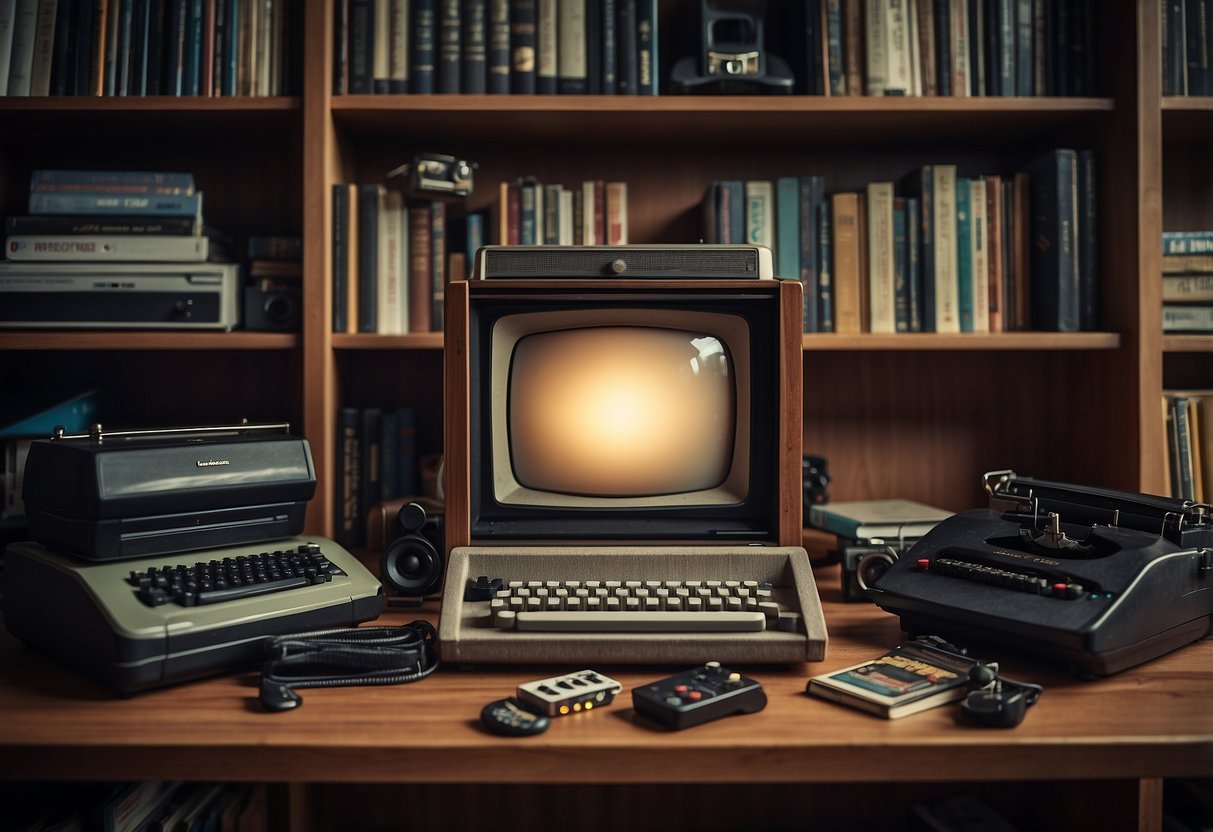 A bookshelf filled with sci-fi novels, a vintage typewriter, and a collection of retro video game consoles on a sleek, minimalist desk