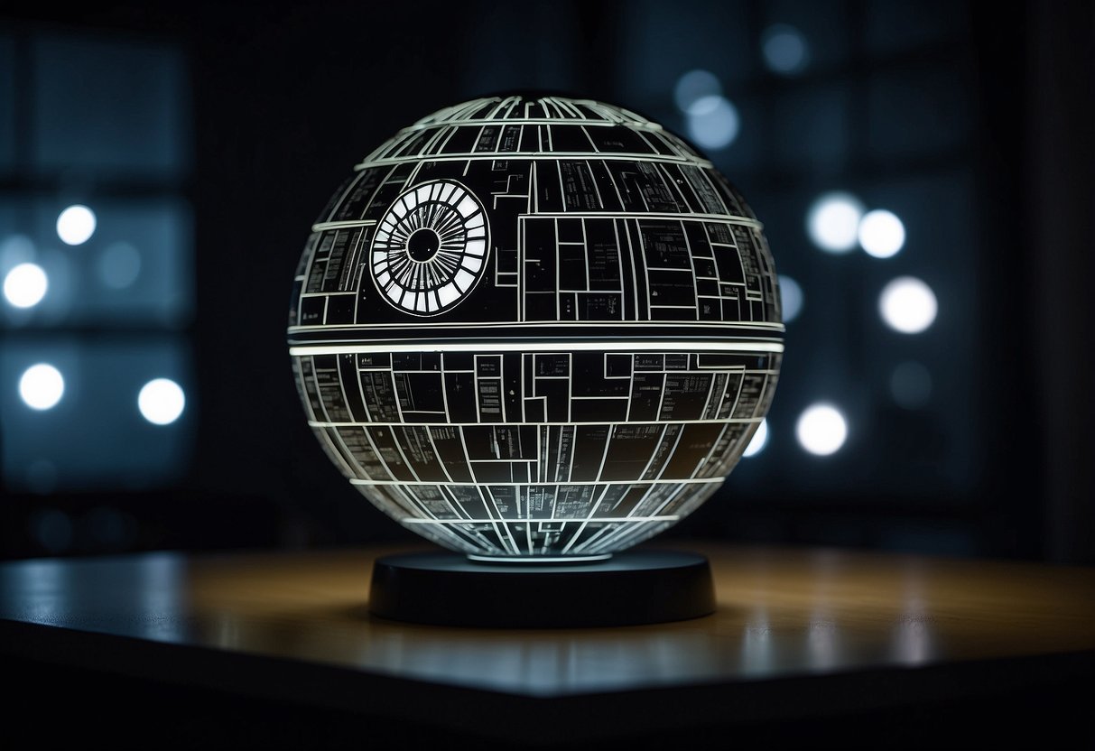 A Death Star lamp illuminates a dark room, casting a soft glow and creating a geeky atmosphere