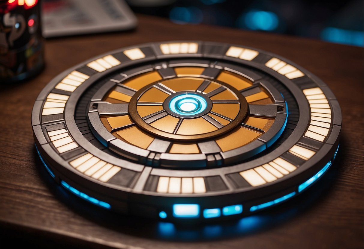 An illuminated Iron Man arc reactor coaster sits on a sleek tabletop, surrounded by scattered comic books and action figures