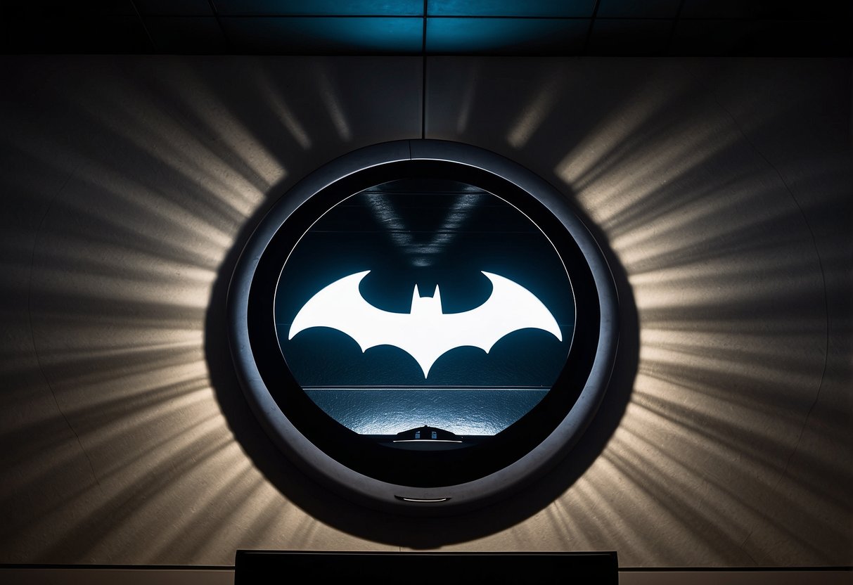 A dark room with a sleek, modern Bat-Signal projector mounted on a wall, casting the iconic symbol onto the ceiling. Various Batman memorabilia decorates the space