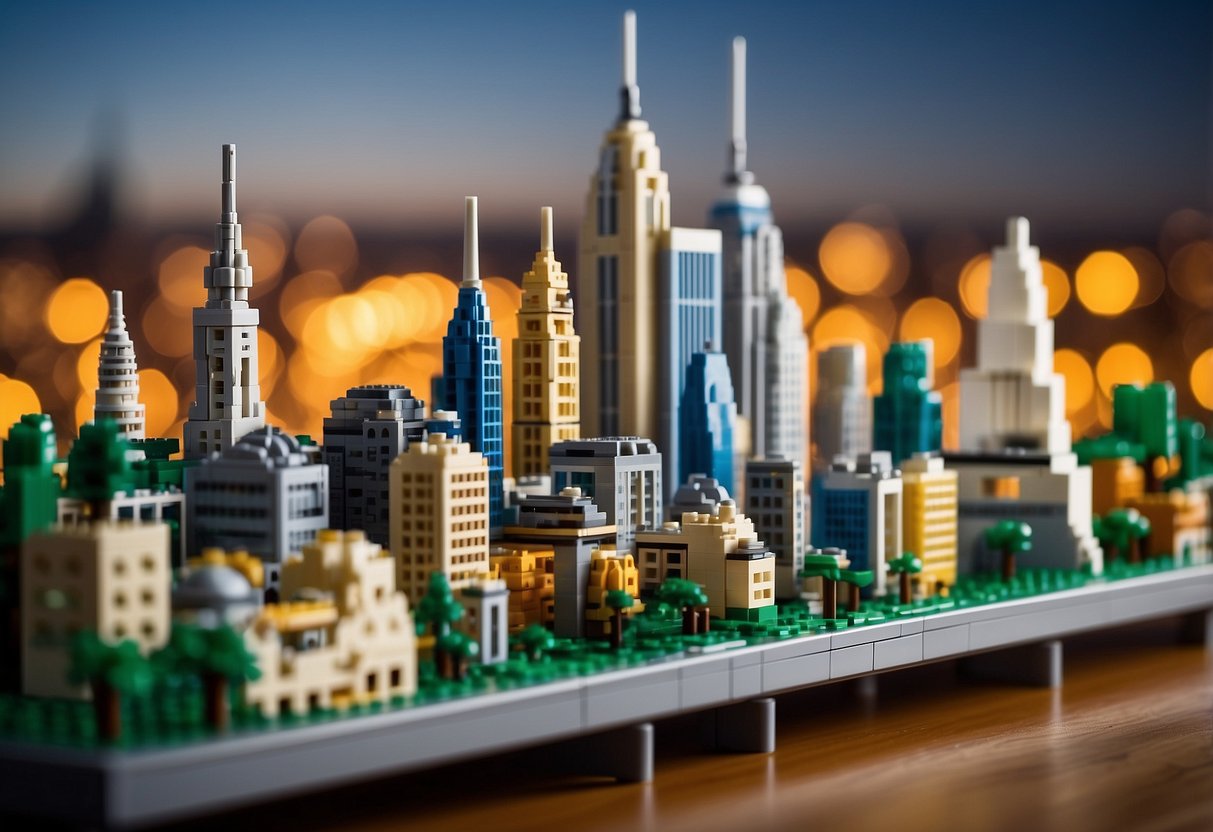 A city skyline made of LEGO bricks, featuring iconic architectural landmarks. Displayed on a shelf with other geeky decor items