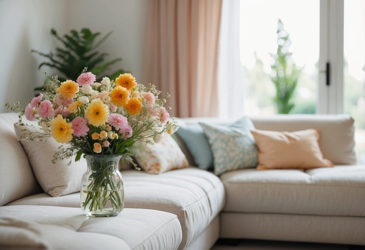 A bright living room with floral-printed throw pillows, pastel-colored vases filled with fresh flowers, and a light, airy curtain billowing in the breeze