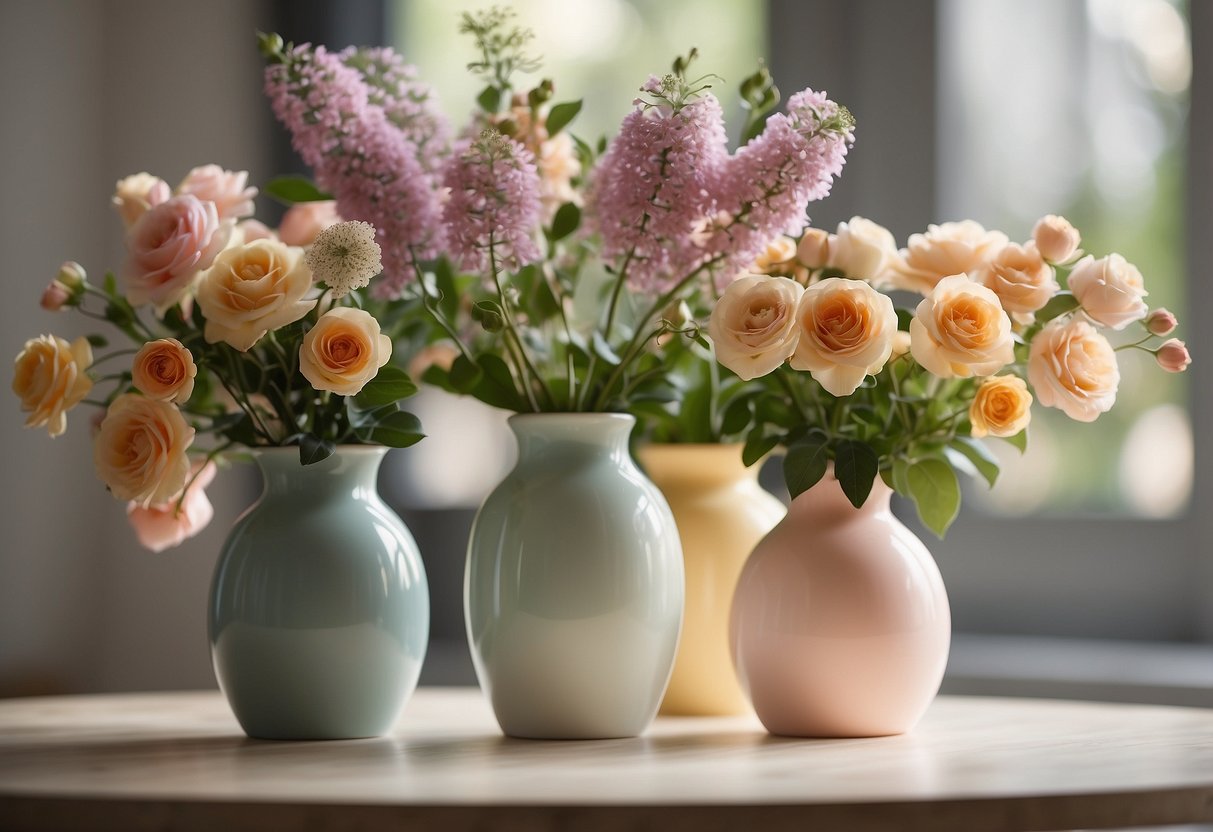 A table adorned with pastel ceramic vases, surrounded by fresh flowers and soft lighting, creating a serene and inviting home decor setting