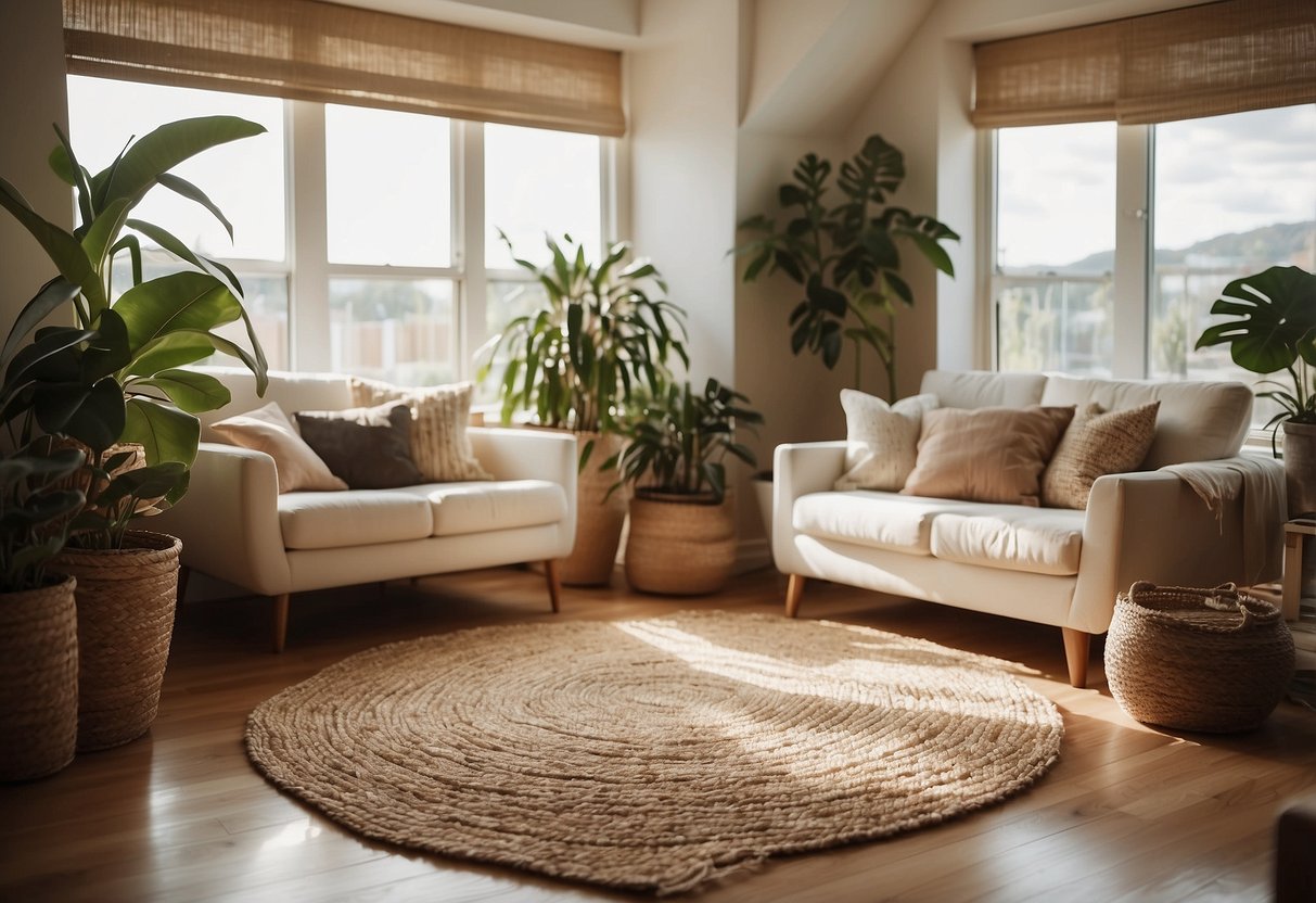 A cozy living room with woven jute rugs, potted plants, and natural light streaming in through the window