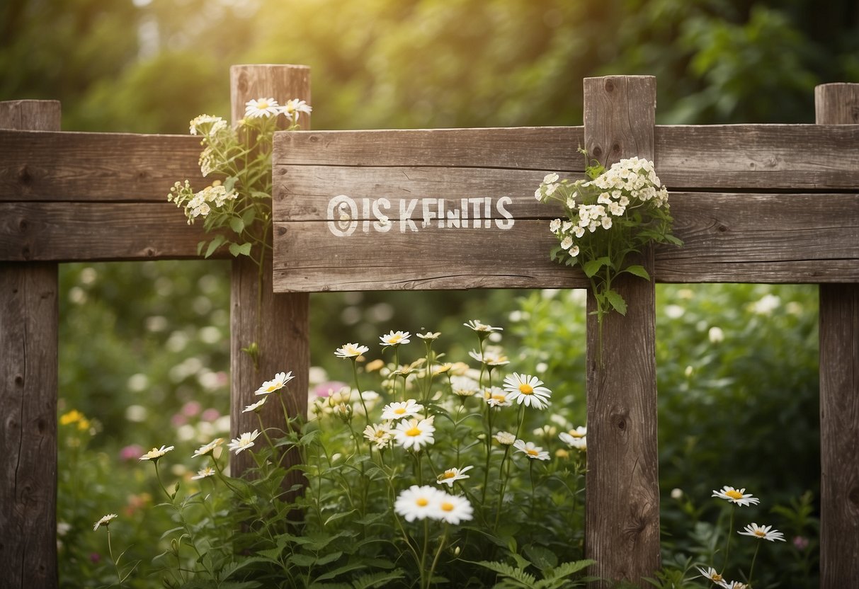 Rustic wooden signs hang on a weathered fence, surrounded by blooming flowers and lush greenery