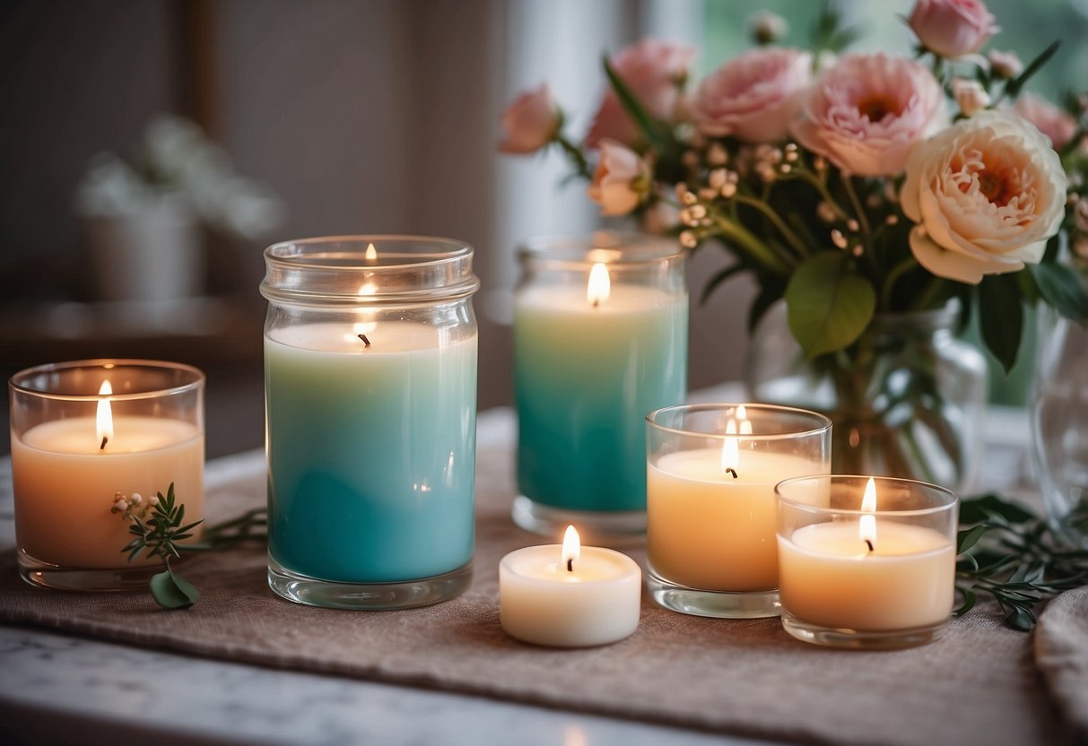 A table adorned with spring-scented candles and home decor items. Bright, pastel colors and floral motifs create a fresh and inviting atmosphere