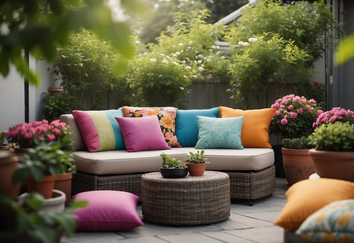 Colorful outdoor cushions arranged on a patio furniture, surrounded by potted plants and blooming flowers