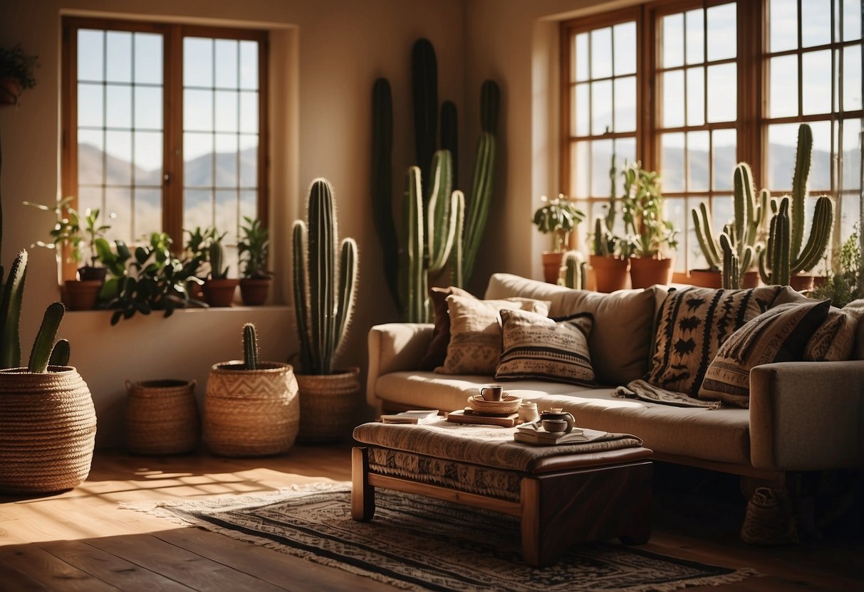 A cozy living room with earthy tones, rustic wooden furniture, and tribal patterned textiles. A large cactus plant sits in a corner, and a woven rug covers the floor. Sunlight streams in through the window, casting warm shadows