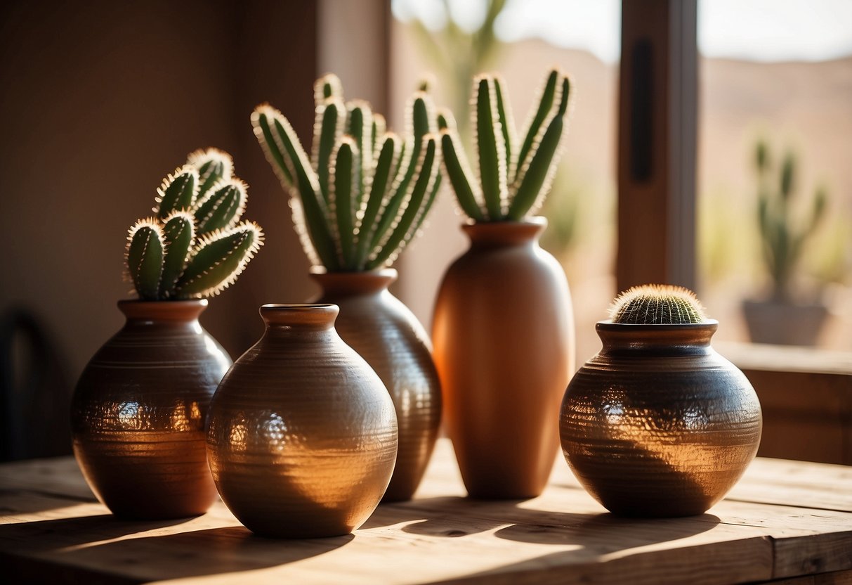 Adobe-Inspired vases arranged on a rustic wooden table, surrounded by vibrant desert plants and cacti, with warm sunlight streaming through a window