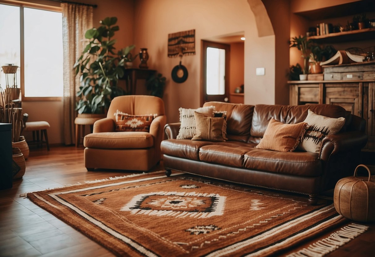 A cozy living room with Navajo patterned rugs, warm earth tones, and traditional southwest decor