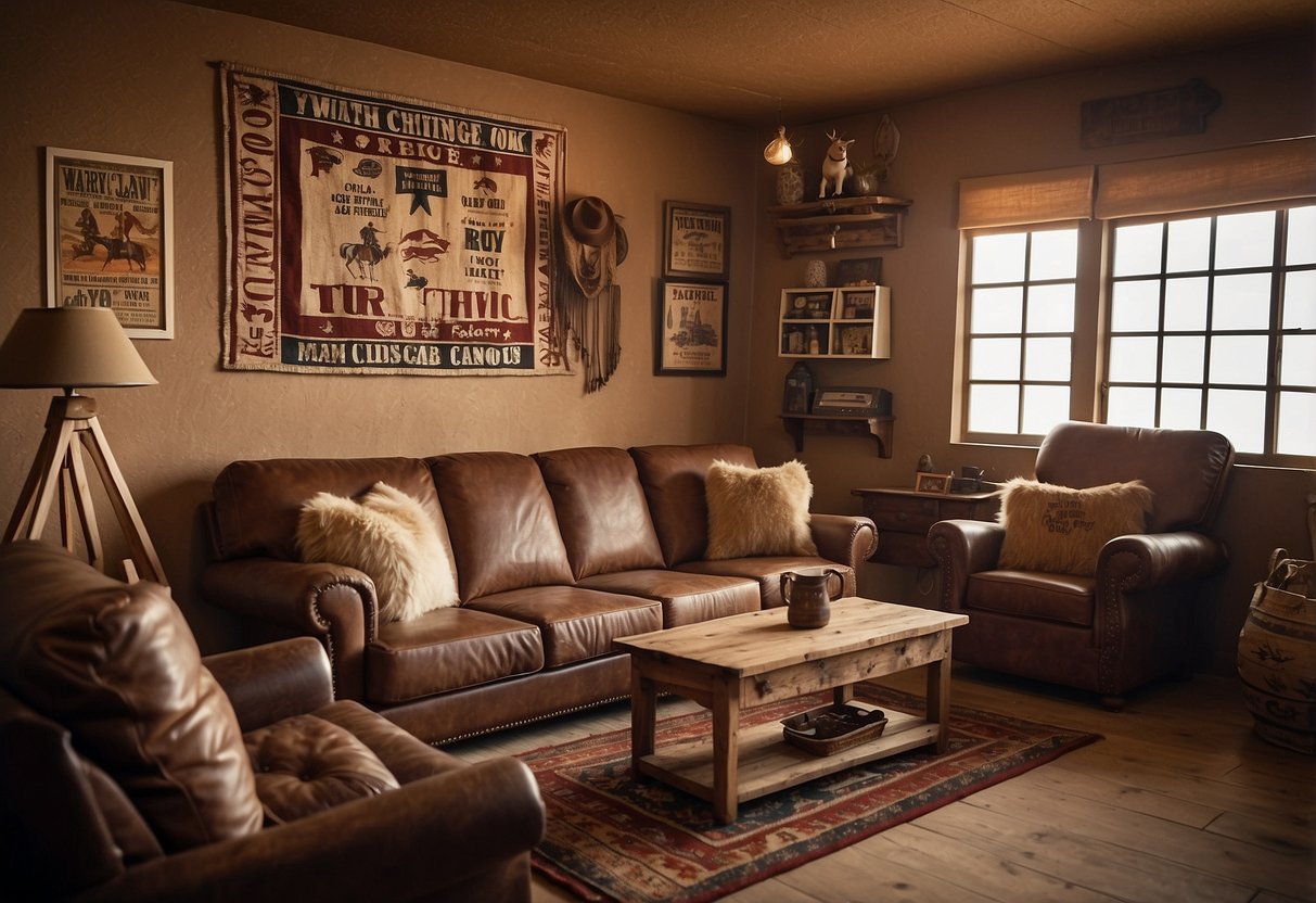 A rustic living room with vintage rodeo posters hung on adobe walls, complemented by leather furniture and Navajo rugs