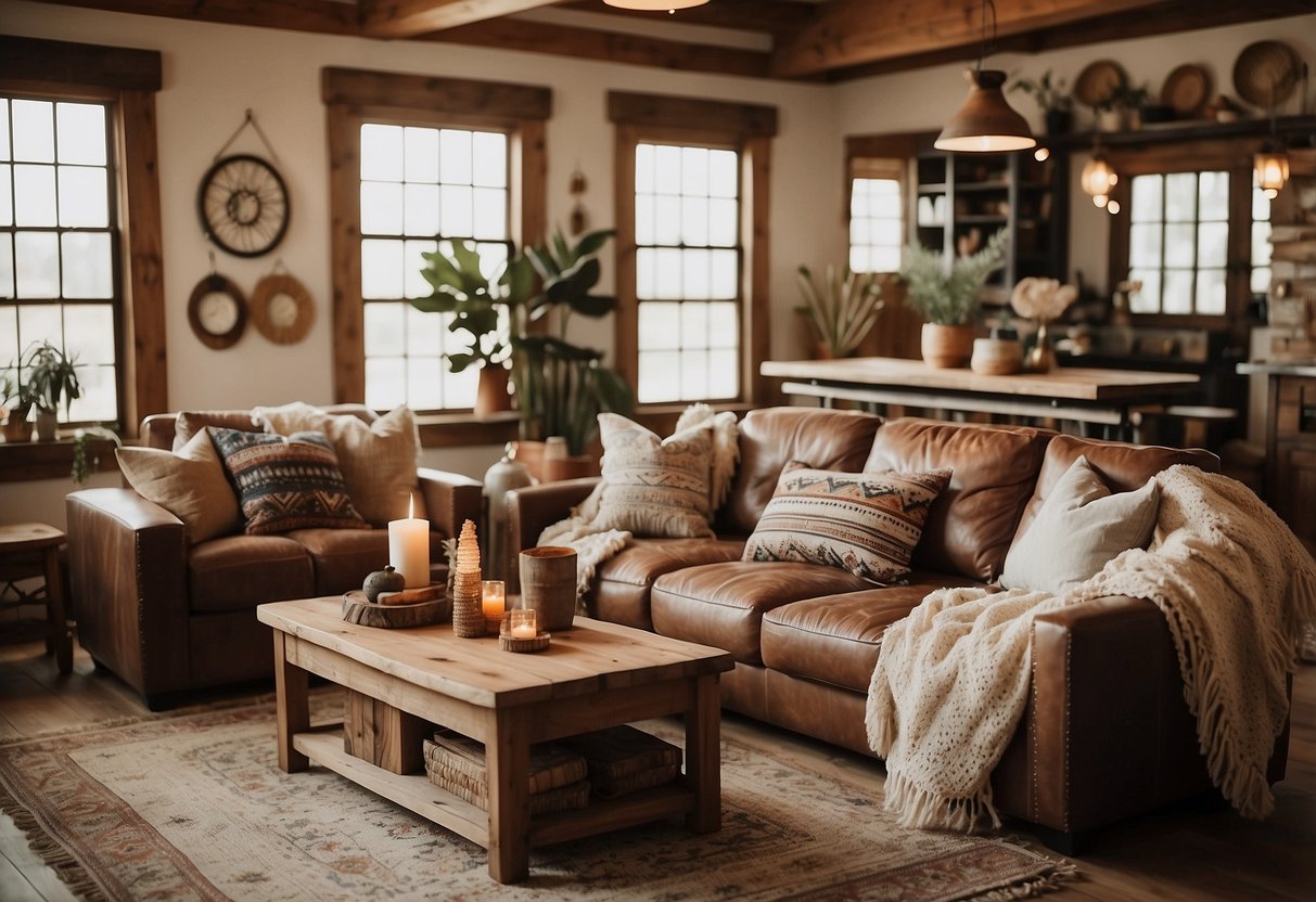 A cozy living room with a rustic wooden table adorned with handcrafted dream catchers, surrounded by earthy tones and southwest-inspired decor