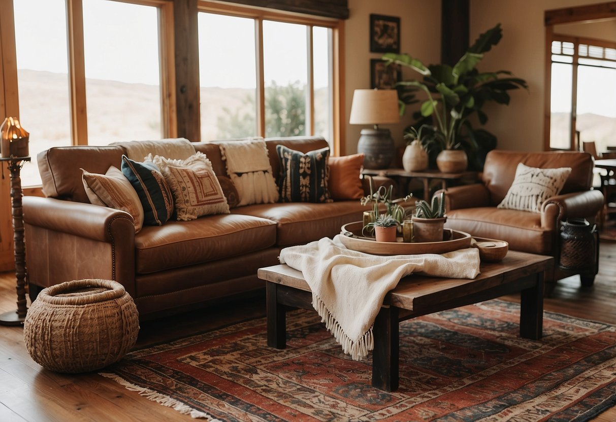 A rustic living room with leather fringe accents on throw pillows, curtains, and lampshades. A southwestern rug and pottery add to the decor