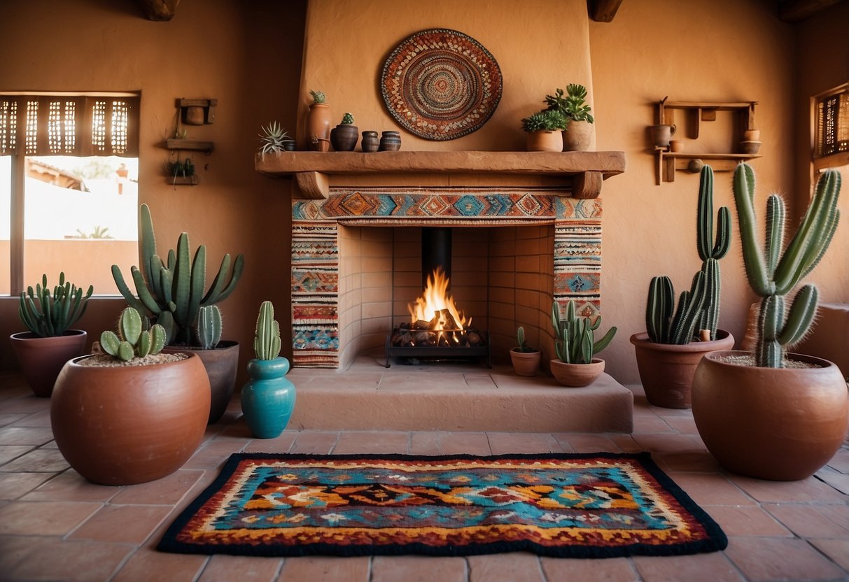 A rustic adobe fireplace adorned with colorful ceramic tiles stands as the focal point in a cozy living room. Handwoven Navajo rugs and vibrant geometric patterns decorate the space, while clay pottery and cacti add a touch of desert charm