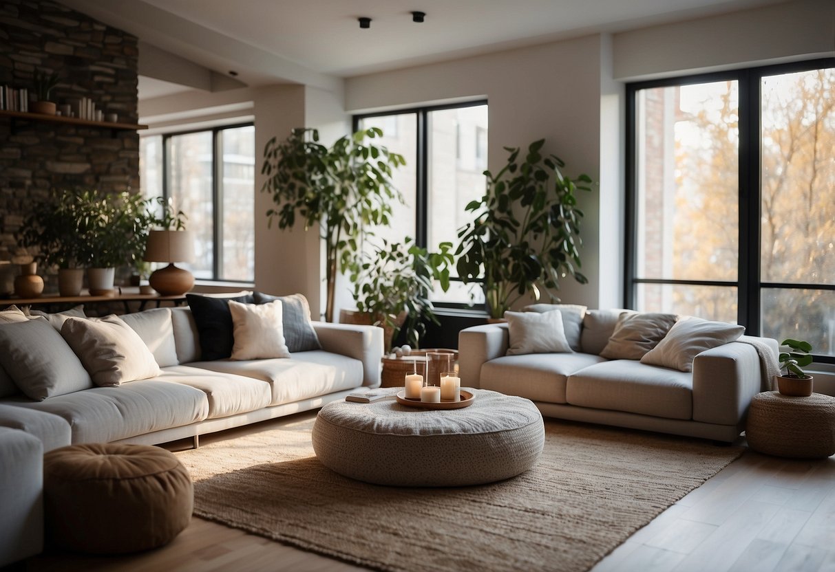 A cozy living room with floor cushions, low tables, and minimalistic decor. Soft lighting and natural elements create a tranquil atmosphere