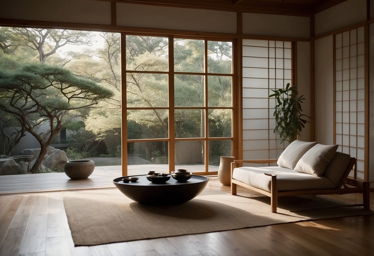 A serene Zen home with Shoji sliding doors, minimal furniture, and soft natural lighting