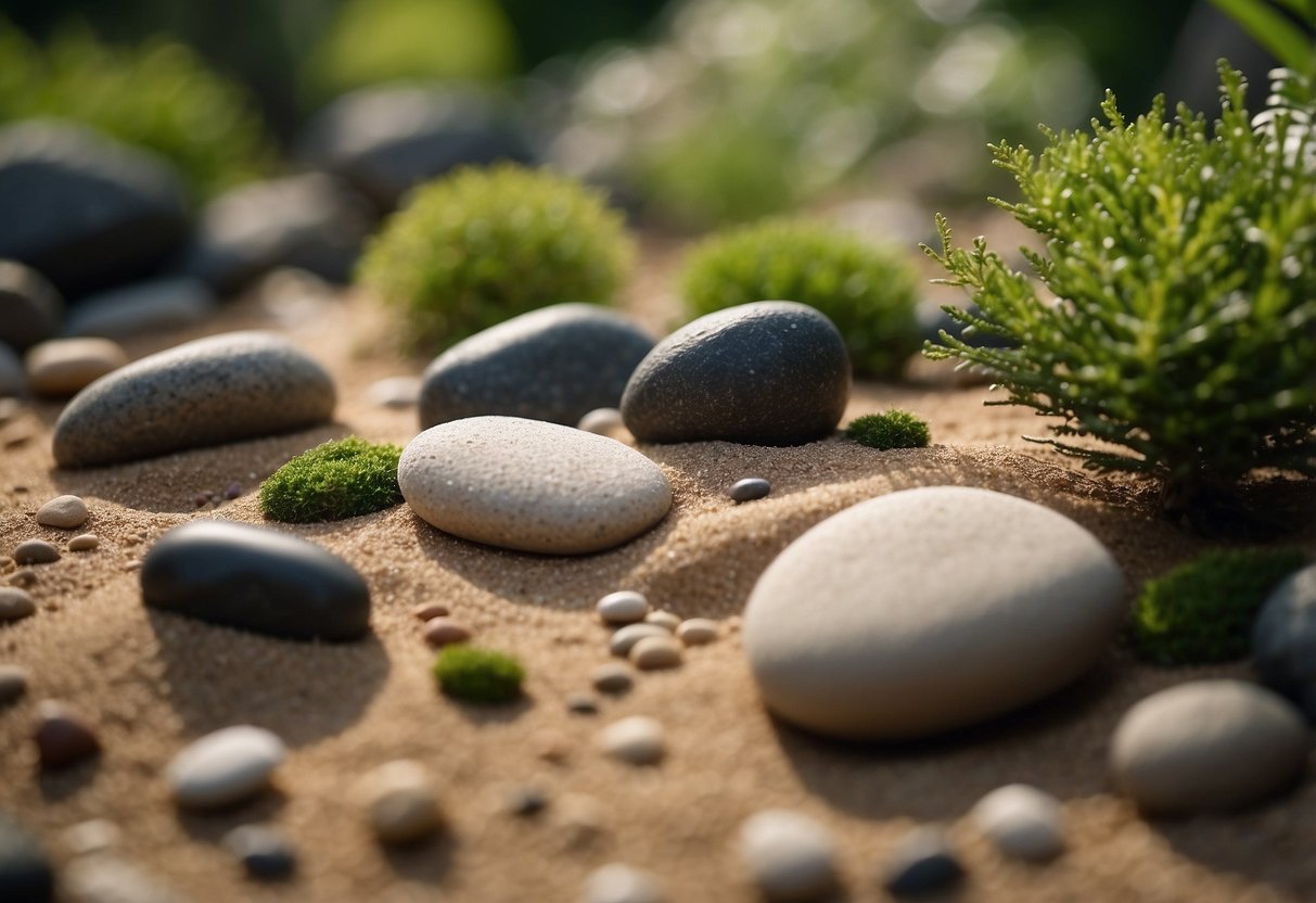 A small Zen rock garden with carefully arranged rocks and raked sand, surrounded by lush greenery and a tranquil atmosphere