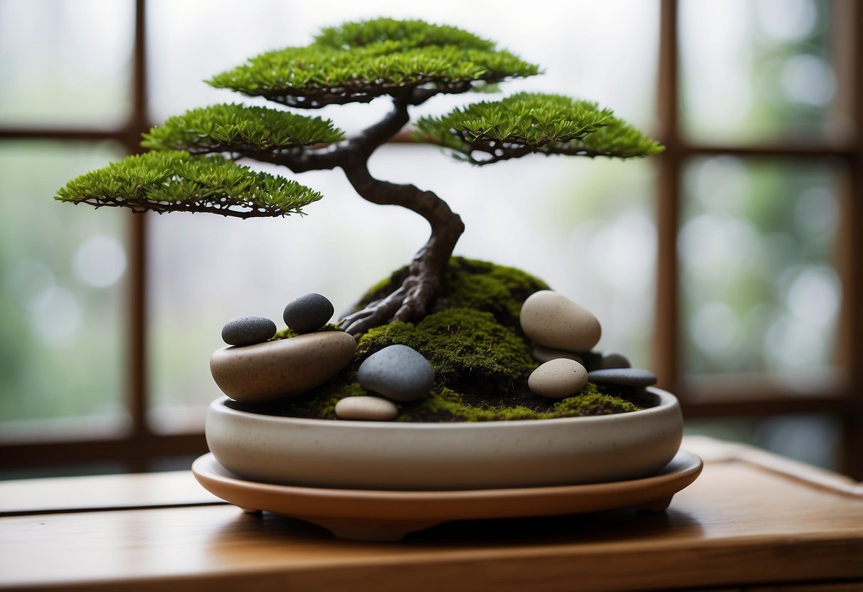 A small Shohin Bonsai tree sits in a minimalist ceramic pot, surrounded by Zen-inspired decor like pebbles, a small bamboo fountain, and a tranquil painting of a Japanese garden