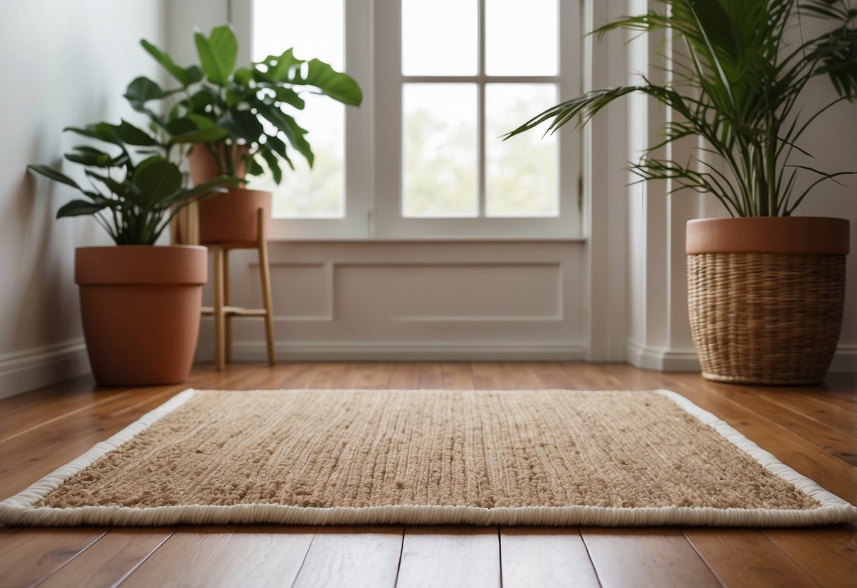 A natural fiber rug lies on a hardwood floor surrounded by minimalist decor, potted plants, and soft lighting in a serene and peaceful home setting