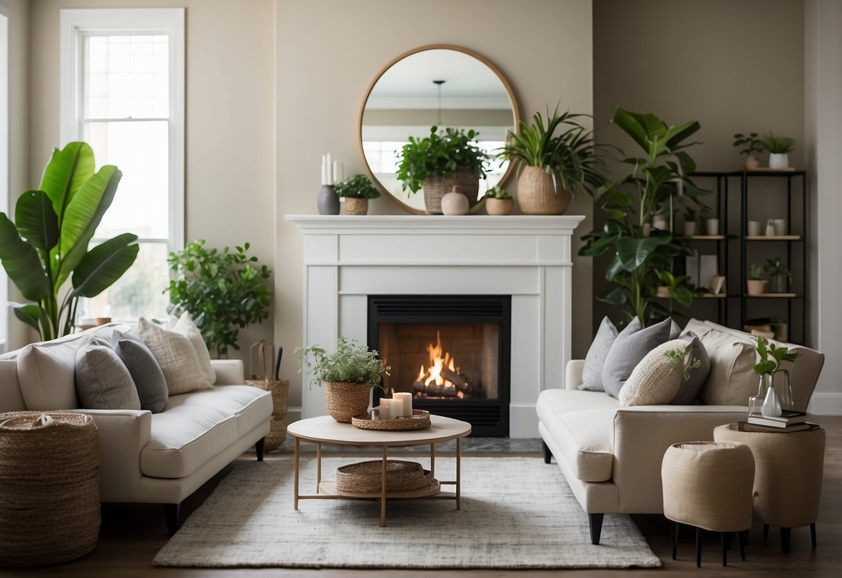 A cozy townhouse living room with a neutral color palette, plush furniture, and accent pillows. A large statement mirror hangs above a sleek fireplace, while potted plants and decorative vases add a touch of greenery