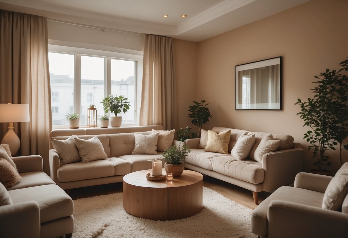 A cozy townhouse living room with warm beige accent walls, complemented by plush furniture and soft lighting