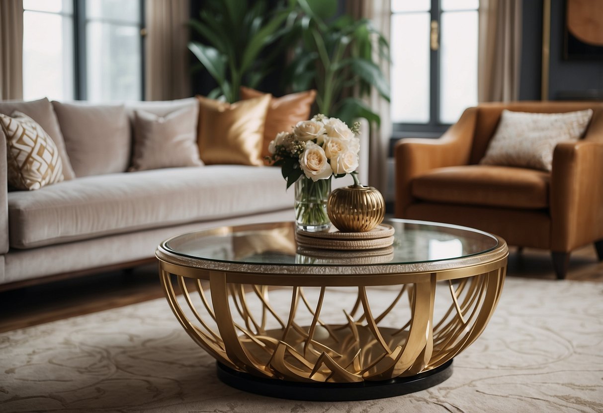 An elegant Art Deco coffee table sits in a stylish townhouse living room, surrounded by geometric patterns and sleek, metallic accents