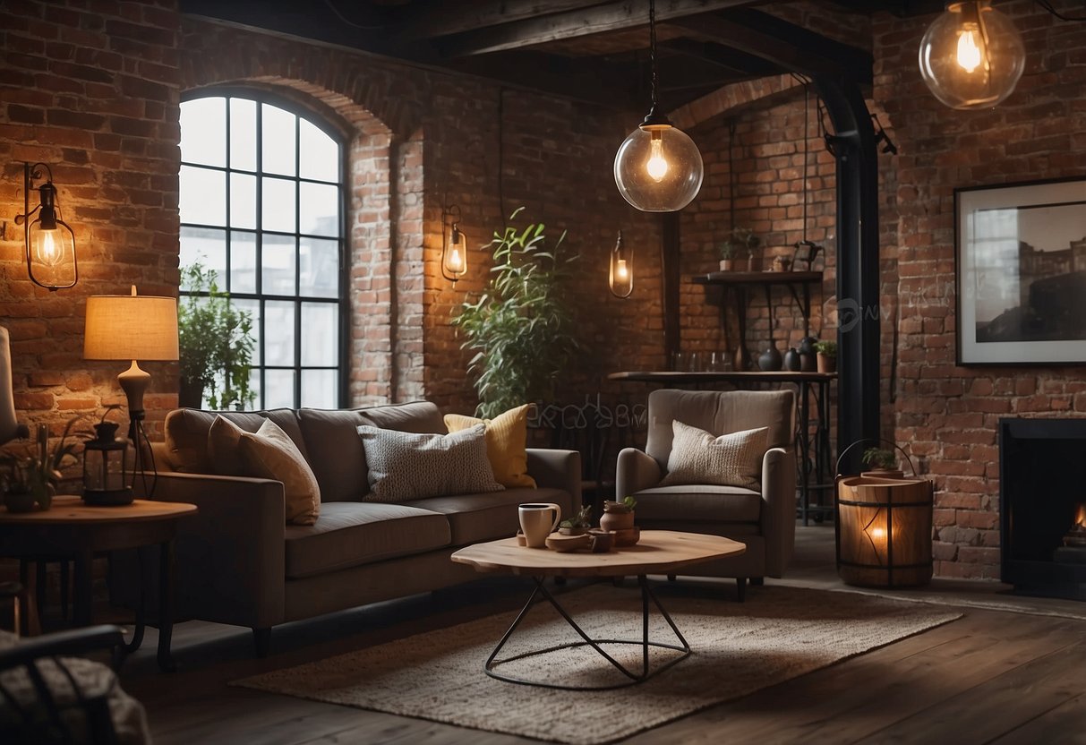 A cozy townhouse living room with vintage industrial lighting fixtures, casting warm, ambient light over rustic furniture and exposed brick walls