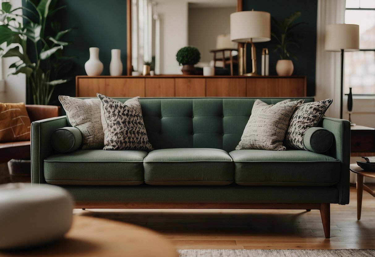 A mid-century modern sofa sits in a townhouse living room, surrounded by sleek furniture, geometric patterns, and warm wood accents