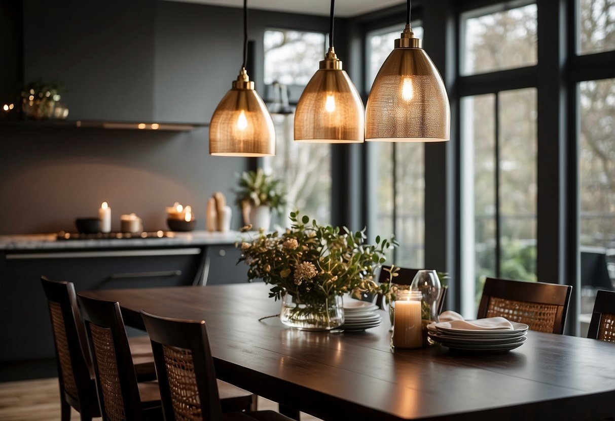 Three elegant statement pendant lights hang above a modern dining table in a townhouse, casting a warm glow and adding a touch of sophistication to the home decor