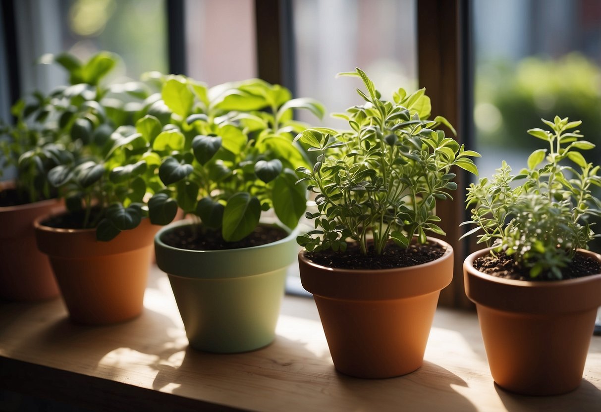 A small townhouse with a sunny kitchen window, filled with potted herbs on a wooden shelf. Brightly colored planters and hanging baskets add a pop of green to the space