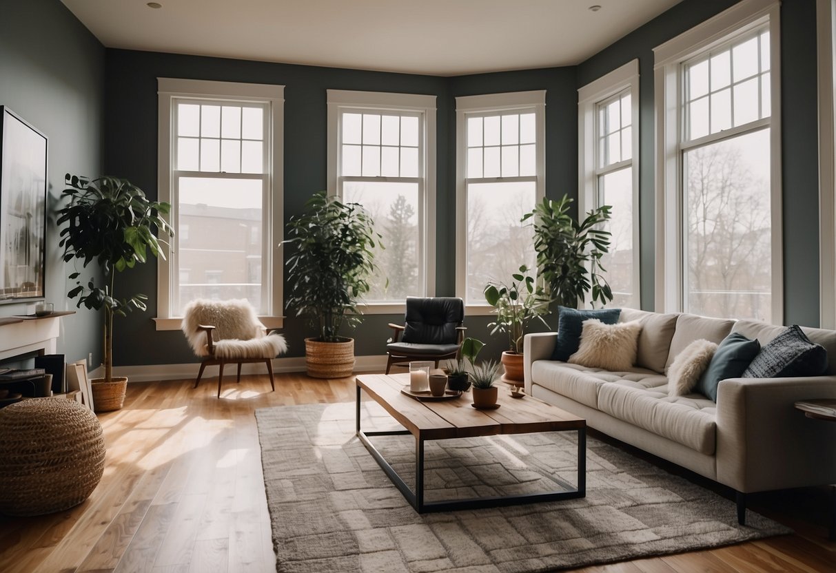 A town house living room with modern geometric area rugs, minimalist furniture, and natural light streaming in through large windows