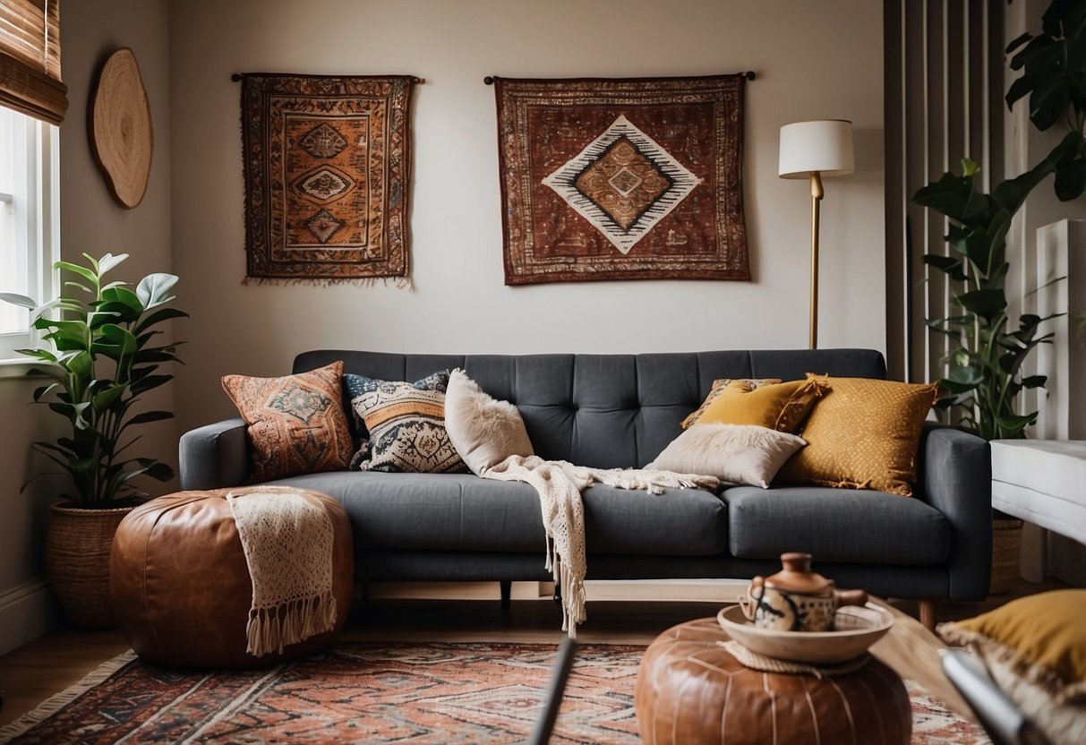 A cozy townhouse living room with colorful bohemian wall hangings, soft pillows, and vintage rugs. A mix of patterns and textures create a warm and inviting atmosphere